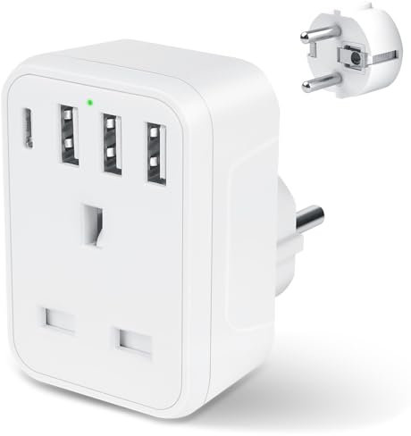 UK to European Travel Plug Adaptor,UK to EU Adapter with 3 USB A and 1 USB C Ports,5 in 1 EU Grounded Europe Power Euro Plug for Spain France Iceland Germany Greece Poland(Type E/F) White