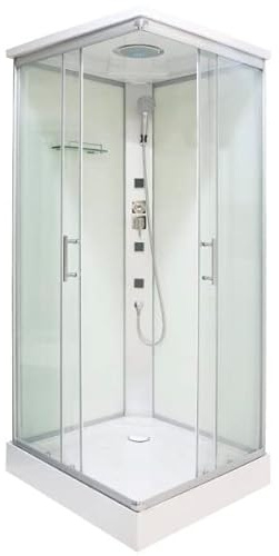 Cabine de douche complète TC05 80 x 80 x 210 cm, entrée d'angle avec portes coulissantes, avec douchette de tête et douchette, jets massants, avec receveur de douche, cabine de douche complète