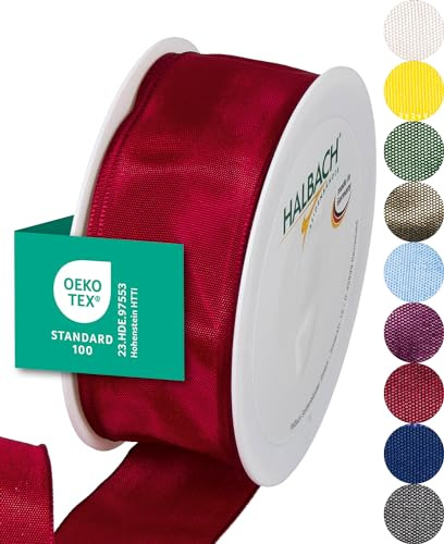 Halbach sidenband premium presentband med trådkant | bredd 40 mm längd 25 m | Öko-Tex 100 certifierat band | taftband tillverkat i Tyskland, färg: rubinröd