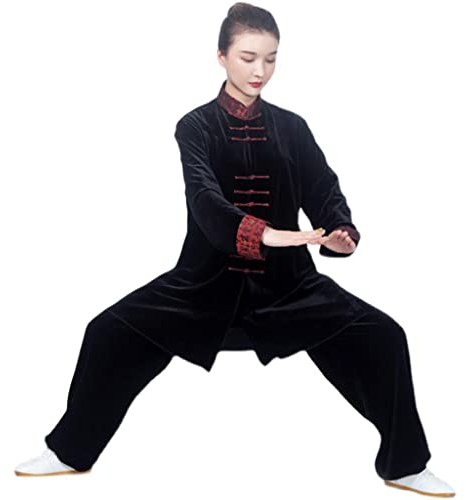 BankiE Soft Wing Chun Tai Chi Anzug Kung Fu Damen Velour Oriental Retro Kampfkunst Uniform Chinesischer Stil Morgenübung Kostüm (Schwarz M 3)