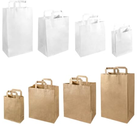 KRAFT PAPER BROWN SOS FOOD CARRIER BAGS WITH HANDLES PARTY TAKEAWAY ETC SMALL MEDIUM LARGE BROWN WHITE COMPOSTABLE (Small - 7 x 9 x 3.5, White, 250)