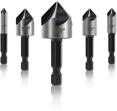 GMTOOLS 5PCS Countersink Drill Bit Set, High Speed Steel Countersink Bits, 82 Degree 5 Flute Pieces, 1/4 Inch Hex Shank, Fit for Sink Holes into Metals, Wood, Plywood, Plastic
