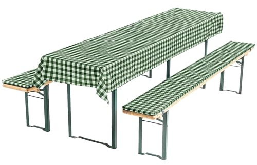 Bierzeltgarnitur Auflage Set 3-teilig Grün/Weiß | Bierbankauflagen 220x25x2 cm & Tischdecke 70x240 cm | Bankauflage Polster Set für Bierbank & Biertisch | Bequem & Pflegeleicht