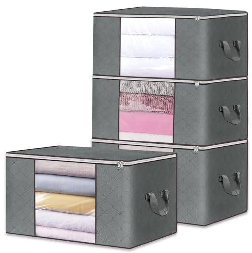 Gentpovth 4 Pezzi 90L Scatole per Vestiti, Scatoloni per Vestiti con Manico, Organizer Sotto letto Con Finestra di Osservazione, Armadio Contenitori per Armadio Salvaspazio, per Biancheria da Letto