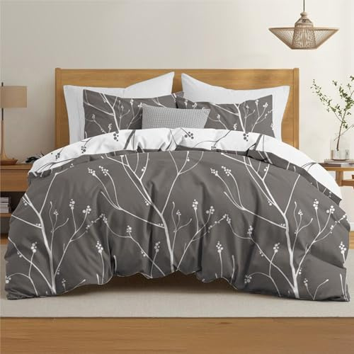 Dreamzie Bettwäsche Set 155x220 cm mit 2 Kissenbezügen 80x80 cm - Muster Zweige Grau - Bettwäsche 155x220 Erwachsene aus 100% Mikrofaser - Zertifiziert ohne Chemikalien (Oeko TEX)