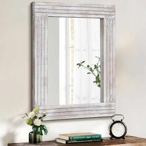 HLFMVWE Specchio rustico in legno, specchio rettangolare vintage, da appendere, per camera da letto, bagno, soggiorno, decorazione da parete, fattoria, grande, 45 x 65 cm