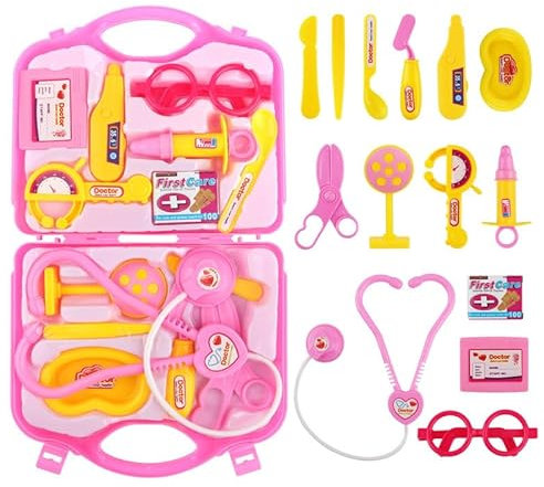 Arztkoffer Kinder Spielset, 15PCS Doktorkoffer mit Echt Stethoskop, Thermometer, Spritze, Geschenk für Kinder Rollenspiel Medizinisches Lernspielzeug, Partyspiel Spielzeug ab 3 Jahre (Rosa 2)