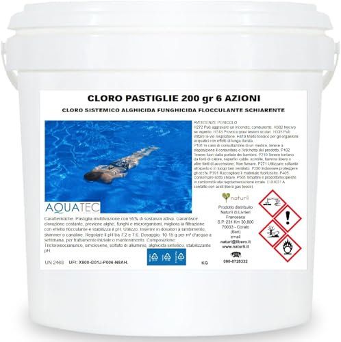Aquatec Kg 5 Cloro Multifunzione 6 Azioni per Piscina Pastiglie da 200 g Potente Trattamento Completo, Lenta Dissoluzione, Acqua Cristallina e Senza Odori
