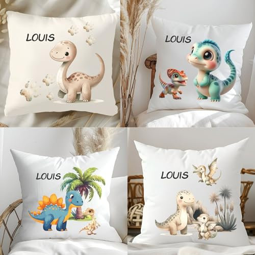 wolga-kreativ personalisiertes Kissen mit Namen – Dino Motive für Jungen & Mädchen – Geschenk zur Geburt, Taufe & Geburtstag –Flauschiges Namenskissen