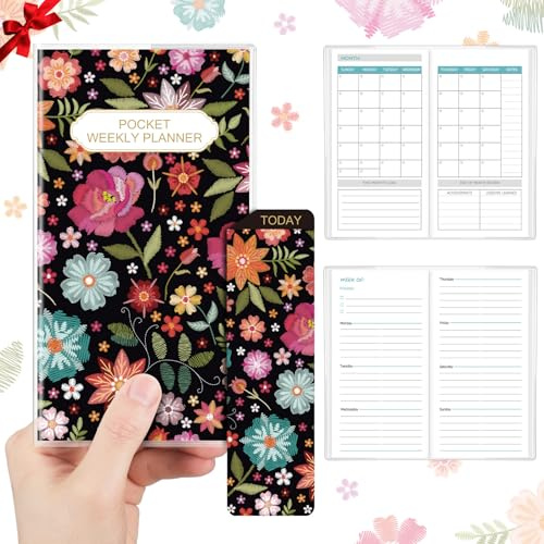 ReliThick 1 Set Undated Monthly Planner Blank Pocket Calendar for Purse 6.5 X3.5 Small Daily Weekly Pocket Planner with Bookmark and PVC Cover for Teacher Employee Appreciation Gifts (Floral)