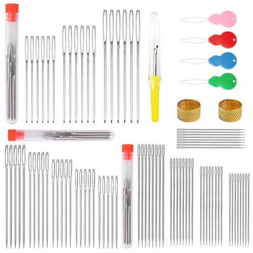 87pcs Large Eye Hand Sewing Needle Set, Large Eye Stitching Needles, Embroidery Needles for Leather Sewing，Knitting Sewing ， 4 Needle Threaders, 2 Stitch Remover & 2 Thimble, Transparent Bottle