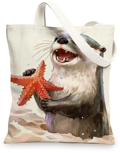 Sacs fourre-tout en toile avec motif loutre, étoile de mer, sacs de courses réutilisables, sacs de courses amusants légers et lavables pour la plage, les voyages, les pique-niques, 33 x 38 cm