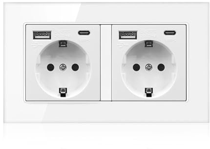 LAIVIYA Enchufe De Pared 2 Enchufes, Enchufe USB Empotrable Con 2 Tomas, 2 USBA, 2 USB-C, EnchufeUSB Pared Empotrado, Enchufe Pared Con Panel De Cristal Fácil Instalación