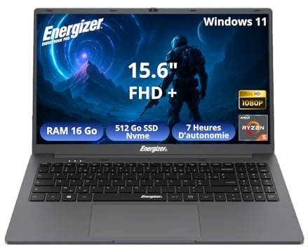 Energizer Energybook Pro 15,6 – PC Portable 15,6’’ FHD IPS, AMD Ryzen 5 3.7 Ghz, 16Go RAM, 512 SSD Nvme, PC Portable Ryzen, Vega 8, Batterie 6000Mah, Windows 11, AZERTY (Français)