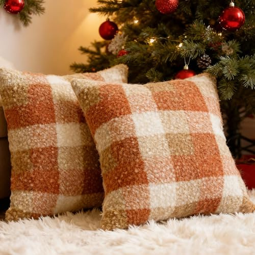 OSVINO 2 Pack Fall Decorative Cushion Covers, 45x45CM Plaid Pillowcases | Orange Plaid Square Pillowcases, Cozy Fluffy Throw Pillow Covers for Couch Sofa Living Room Bedroom