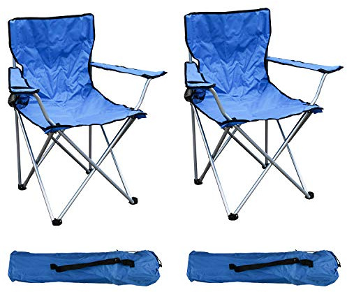 Lot de 2 chaises pliantes pour la pêche, le camping, la pêche, les réalisateurs - Bleu - Avec porte-gobelet et sac - Charge maximale : 120 kg