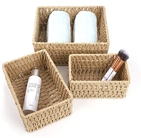 HOLEMZ Cesta de Almacenamiento Multifuncional Organizador de Cajas de almacenaje de Papel Reciclado Cubo de Contenedores para Cocina, Baño, Cosméticos Set 3