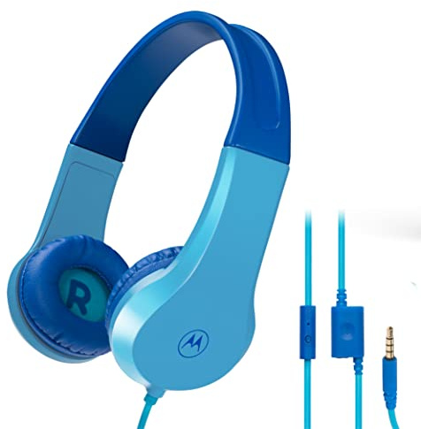 Motorola Sound Moto JR200 - Auriculares para niños con micrófono, auriculares sobre la oreja para niños con límite de volumen seguro de 85 dB, divisor de audio, auriculares con cable para niños para
