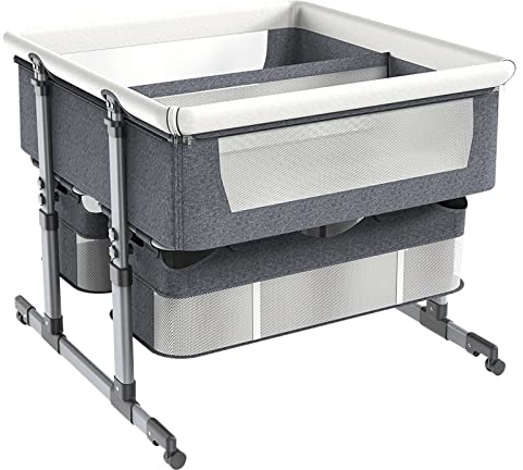 Beistellbett, Reisebett, Beistellbett, zusammenklappbares Kinderreisebett mit Matratze mit Stauraum, 6-stufiger Höhenverstellung und geräuschlosem Universalrad, für Baby-Zwillinge (Grau)