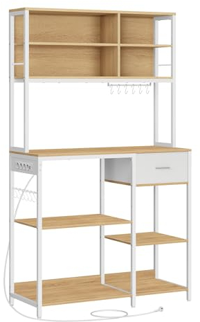 VASAGLE Küchenregal mit Steckdosen, Standregal, Mikrowellen-Regal mit verstellbaren Ablagen, Stoffschublade, 12 Haken, für Mikrowelle, Regal für Küche, goldeichenfarben-wolkenweiß KKS028Y10