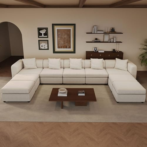 Miuuod Canapé-lit sectionnel surdimensionné L/U 9 places, 5 places avec 4 ottomans, confortable, lit velours beige 466 cm