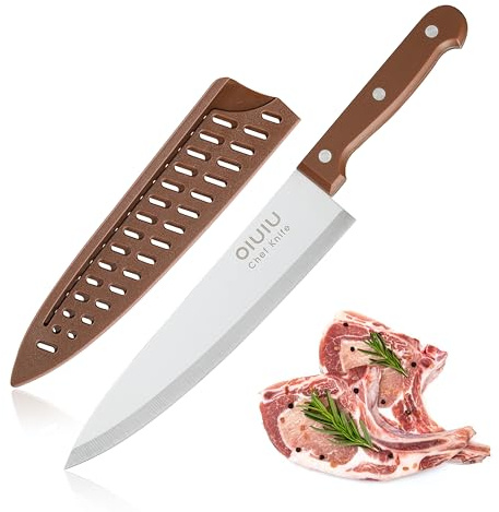 OLULU 8 inch Chef Knife, Razor Sharp Kitchen Knife with Protective Knife Sheath, Razor Sharp Slicing Knife with Ergonomic Handle, German Stainless Steel, Dishwasher Safe (Brown Color)