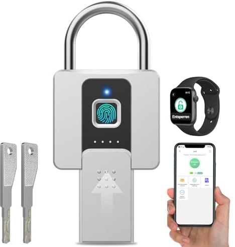 Anweller Vorhängeschloss Fingerabdruck, Vorhängeschloss Schloss mit Schlüssel, Vorhängeschloss Wetterfest, Fingerabdruck und Bluetooth entsperren, für Tür, Garage, Schule