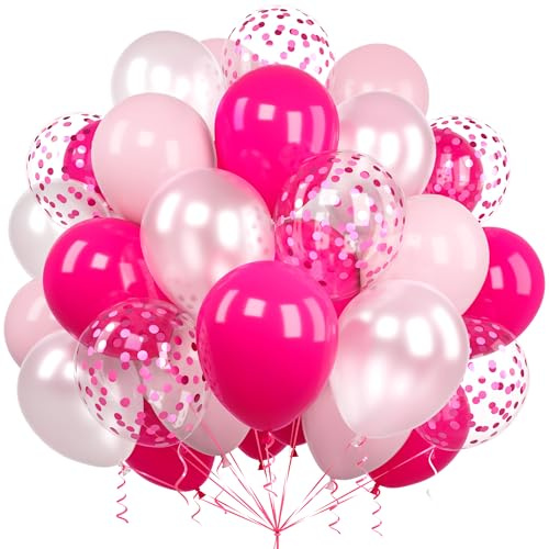 Hot Pink Balloons, Ousuga 60 pcs 12 Inch Pastel Pearl Pink Confetti Latex Balloons Set for Girls Women Birthday Party Wedding Baby Shower Baptism Valentines Anniversary Engagement Decorations