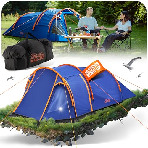 Burgwerk Tunnelzelt für 3 Personen [Extrastark] | 4000+mm Wassersäule | Vorzelt mit viel Platz | Verstärkte Heringe | Wasserdicht | UV-Schutz 50+ | Campingzelt| Paare, Familie, Outdoor, Zelt, 2