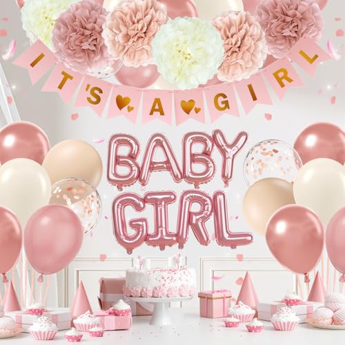 Vicduotex Pink Baby Shower Decorations with Ivory Paper Pom Poms