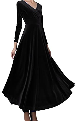 Abito da cocktail da donna elegante per abito da ballo da donna, taglie grandi, a maniche lunghe, con scollo a V, in velluto dorato, elegante, per matrimoni, lunghi e stretti, eleganti e a maniche