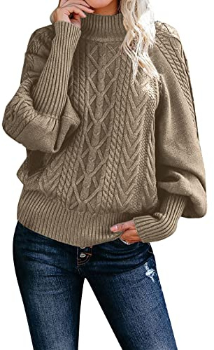Pull femme hiver chaud tricot torsade leger pull chic et elegant col roulé manche bouffante thermal pullover tricoté elástique maille chandail épaisse ideal pull-over basique pour femme (Khaki, M)