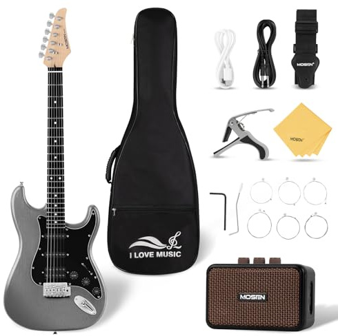 Mosen 39 Inch Electric Guitar with HSS Pickups & Single-Coil Tremolo System - with 5W Amp, Techwood Fingerboard, C-Shaped Satin Neck, All Accessories Included Gig Bag, Tuner, String, Capo, Strap