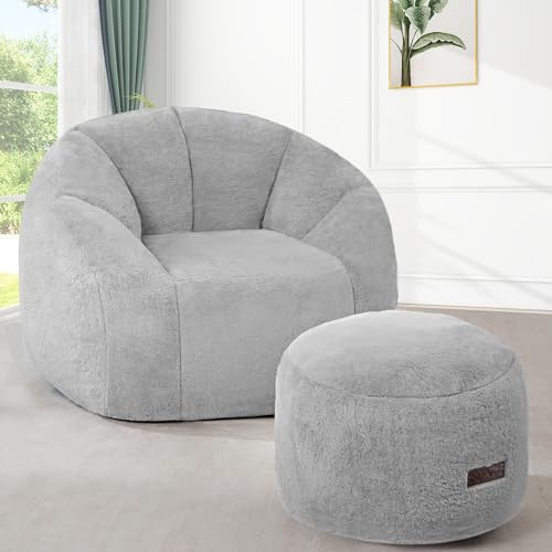 HABUTWAY Bean Bag Chair,Giant Shell-Shaped Bean Bag Couch w/Ottoman,Grey