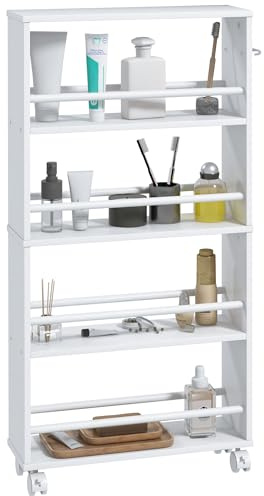 HOMCOM Chariot de Rangement à 4 Niveaux, desserte à roulettes avec poignées, desserte étroite pour Cuisine, Salon, Salle de Bain, buanderie, 45 x 15 x 91 cm Blanc