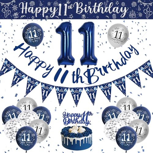 VICTERR Födelsedagsdekorationer för 11-årig flicka: blå och silver ballonger, grattis på födelsedagen banner, 25 st