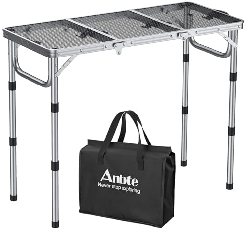 Anbte Mesa Plegable Camping 88 x 40 x 26.2/48.1/70cm, Mesa Multifuncional Portátil de Malla Metálica Impermeable para Exterior/Barbacoa/Jardín/Juegos/Playa-3 Altura Ajustable-Plata