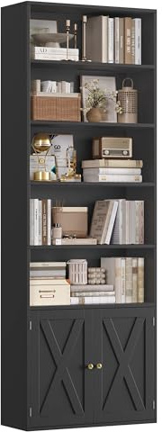 FirFurd Bookcase 7-Tier Bookshelf with Doors 209cm Tall Living Room Bookcases Freestanding Book Shelf Display Cabinet Storage Unit for Home Office Dinning Room 60x23.5x209cm Black