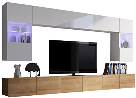 Moderne Wohnwand Calabrini I, Anbauwand, Mediawand, Hängevitrine, TV Lowboard, Wandregal, Wohnzimmerschrank, Fernsehschrank (mit Blauer LED Beleuchtung, Eiche Gold/Weiß + Weiß Hochglanz)