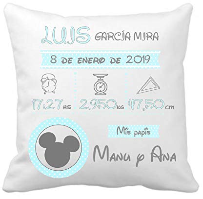 Kembilove Cojín Personalizado para Bebés - Datos del Nacimiento con Nombre - Regalos Originales para Recién Nacidos - Infantil (Mod-5)