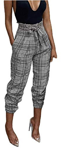 Pantalón escocés Mujer Casual - Estampado - Casual - Elegante - Cintura Alta - Ancho - harén - Capri - Color Gris - Talla l - Ropa niña