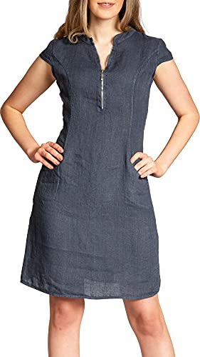 Caspar SKL040 stylisches knielanges Damen Sommer Leinenkleid mit Reißverschluss Ausschnitt, Farbe:dunkelblau, Größe:42