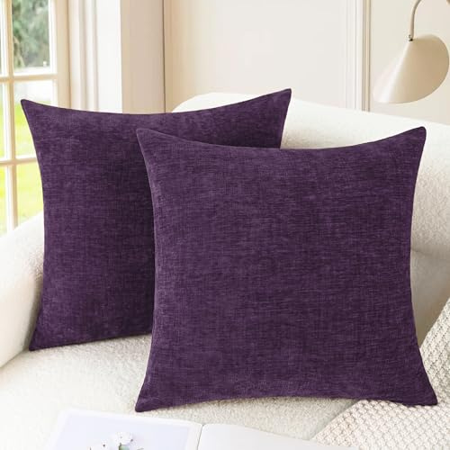 CaliTime Cushion Covers Pack of 2 Cozy Throw Pillow Covers Cases for Couch Sofa Home Decoration Solid Dyed Soft Chenille 60cm x 60cm Plum Purple