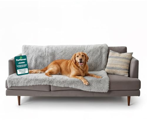 Furhaven XL Waterproof Calming Plush Long Faux Fur & Velvet Dog Blanket, Washable - Mist Gray, Extra Large