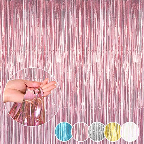 ILLUVA Metallic Tinsel Foil Fringe Curtains, Photo Booth Backdrop Hanging Door Streamers for Birthday Party, Pink Party Decorations-3.2Ft x 6.56Ft