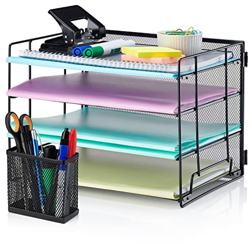 TIDYHIVE 4-Tier Letter Tray Organiser & Pen Pot, Screw-Free Design, Paper Filing Tray for Office Desk, File Holder Stackable Filing Trays