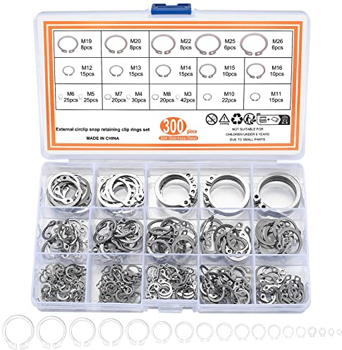 ywchoshe 300 Pcs Anneaux de Retenue Extérieurs en Acier Inox | Kit de 300 E-clips en acier inoxydable, parfaits pour goujons, arbres rainurés et broches diverses.