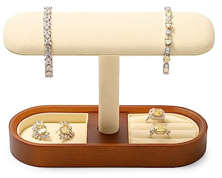 Woodten Solid Wood T-Bar Watch Display Stand for Women Men Jewelry Display Props Jewelry Organizer Holder for Watch Bracelet Rings Cufflinks(Beige)