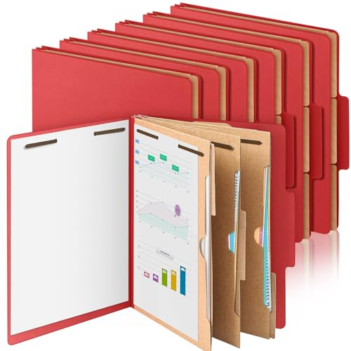 12 Pcs Classification Folders Letter Size 3 Pocket Dividers Employee File Folder with 2 Prongs Fasteners, 2 in Expansion Heavy Duty Pressboard File Holder for School Office Medical Document(Red)