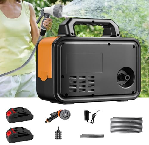 Wasserpumpe, Gartenpumpe Pumpe Wasser Abpumpen mit 2 Akku, Bewässerungspumpe mit 10M Schlauch 3 m Wassereinlassrohr 6 Sprühmuster, Kabellose Tragbare Selbstansaugende Pumpe